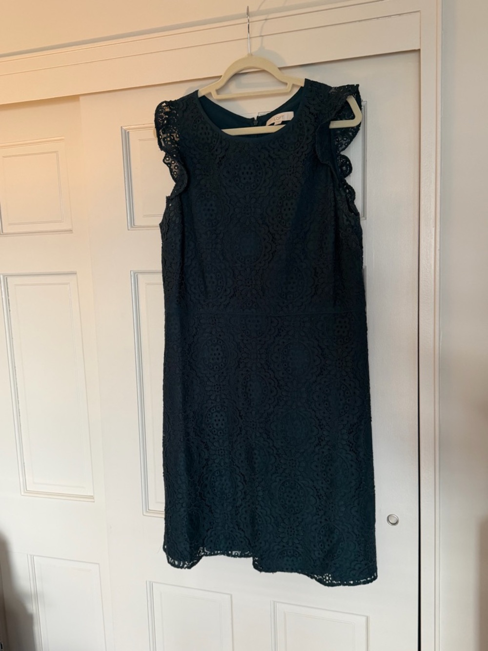 LOFT Teal Lace Midi Dress with Scalloped Sleeves